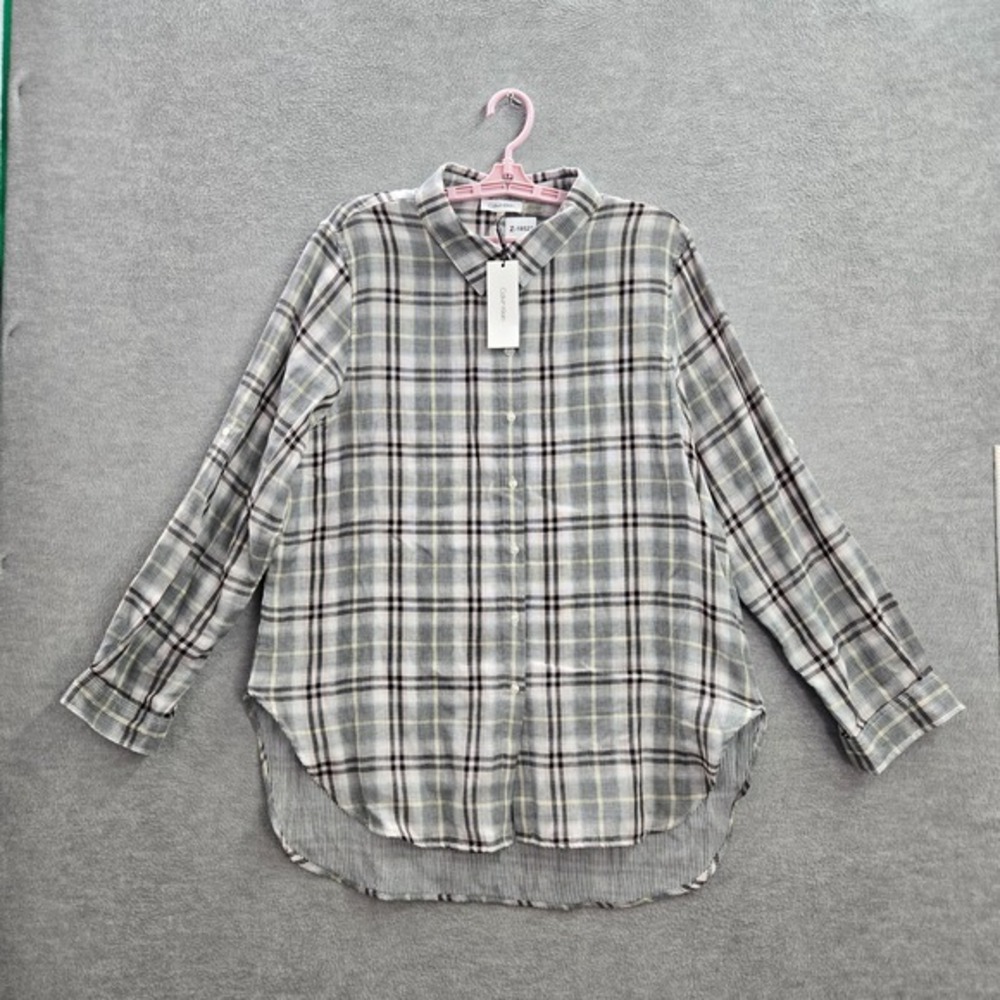 Calvin Klein Women Button Up Shirt XL Gray Plaid Modern Essentials NWT